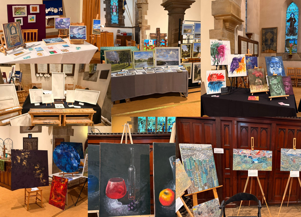 A compliation of 7 photos showing works of art on canvases.