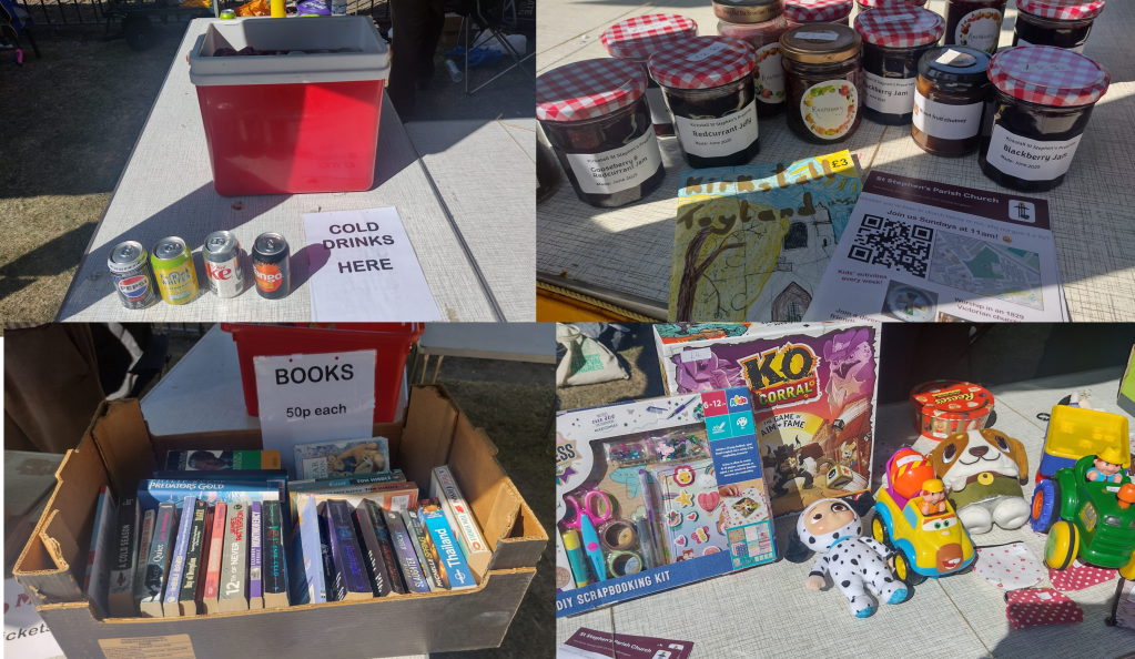 4 images, one of cans of drink next to a cold drinks sign, one of home-made jams with St Stephen's logos, one of a box of second-hand books, the last of toys on a table.